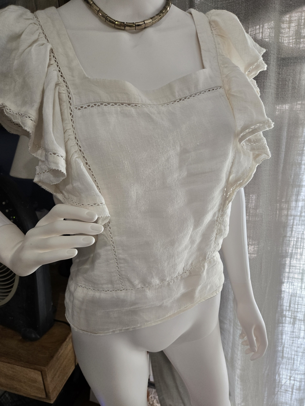100% Linen Off White Ruffle Sleeve Square Neck Top